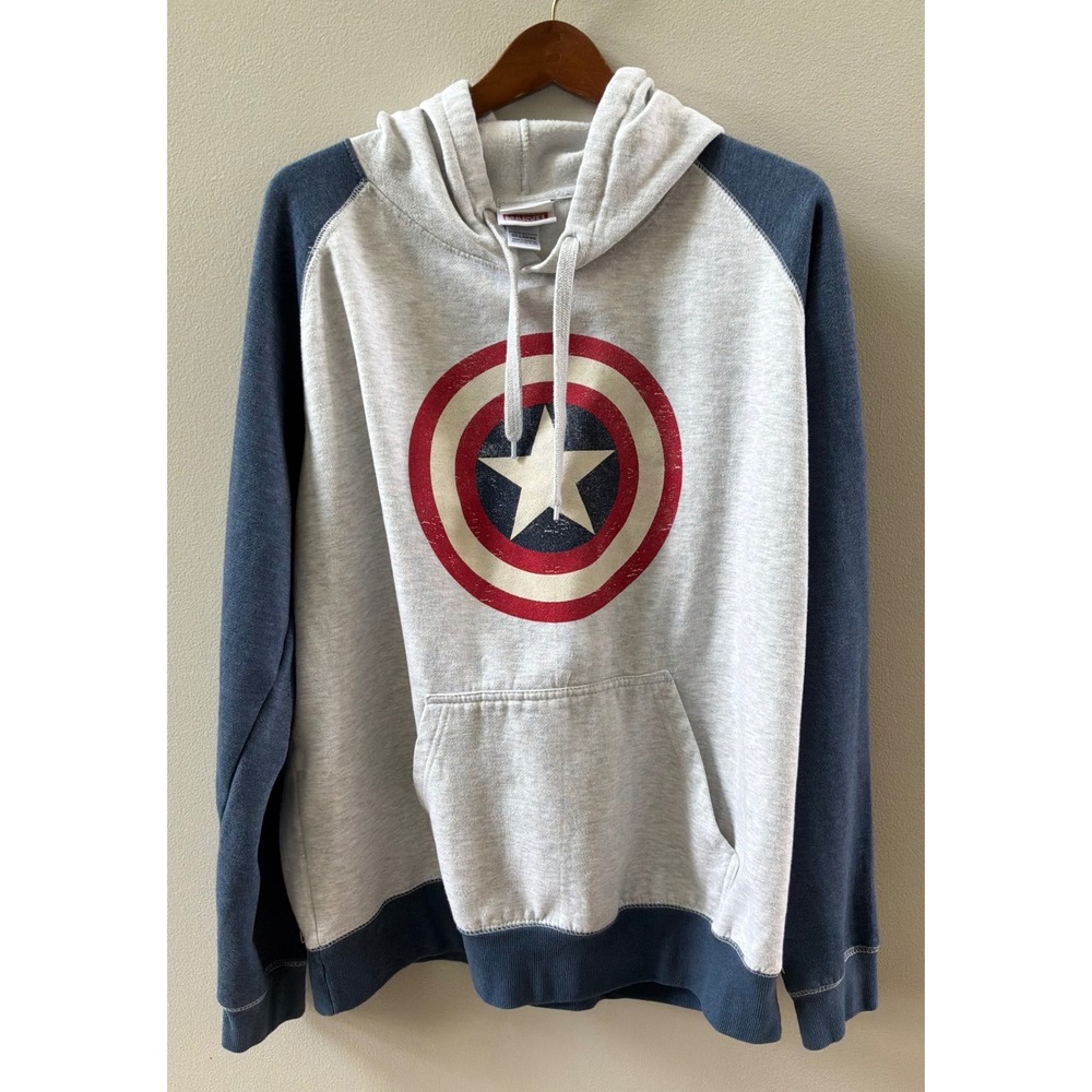 Marvel Captain America Shield Hoodie Universal Studios Raglan Grey Blue 2XL